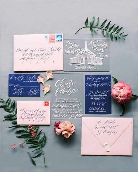 Pink and Blue Invitations with White Ink on Acrylic