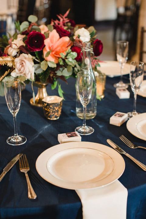 Navy blue burgundy shop and gold wedding