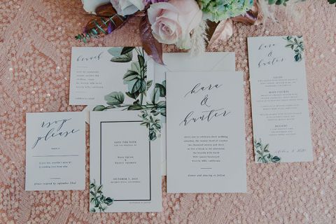 Blush Sequins and Greenery Accents for Fresh and Modern Wedding Invitations