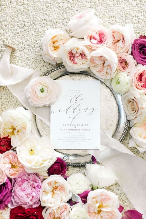 Gorgeous Flower and Wedding Invitation Flatlay