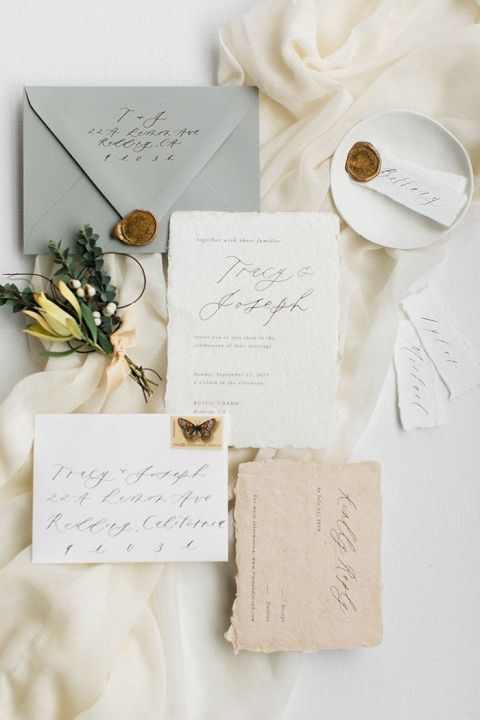 Shades of Gray and Yellow for a Handmade Paper Invitation Suite