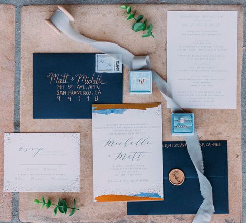 Splash of Gold Geode Wedding Invitations in Navy Blue