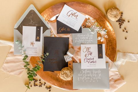 Modern Metallic Brush Calligraphy Invitations in Black and Copper