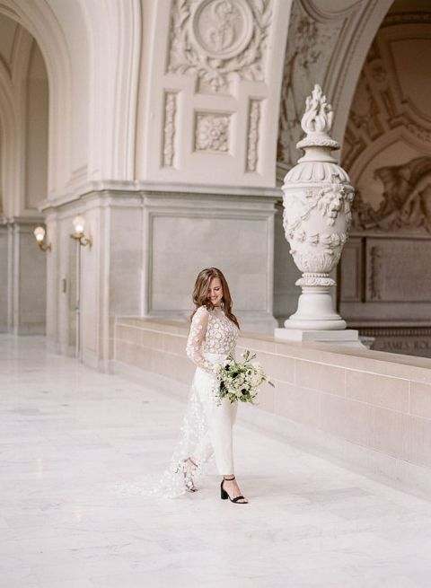 A Chic Bridal Jumpsuit for a City Hall Wedding in Black, White