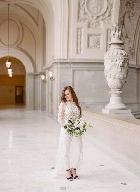 A Chic Bridal Jumpsuit for a City Hall Wedding in Black, White