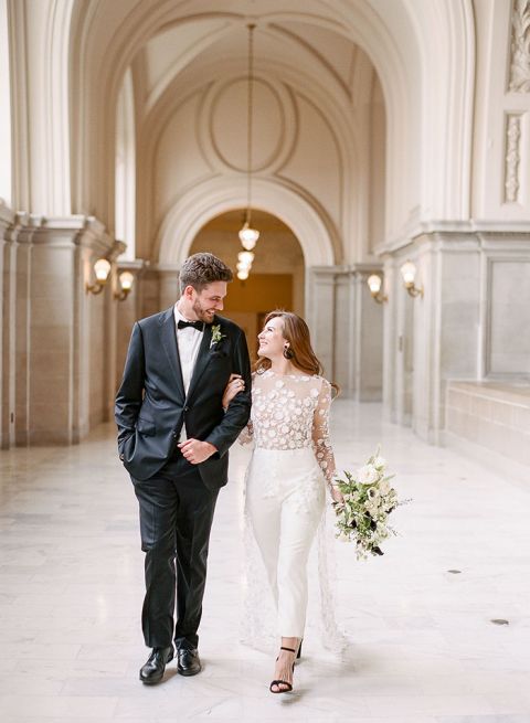 A Chic Bridal Jumpsuit for a City Hall Wedding in Black White and Gold Hey Wedding Lady