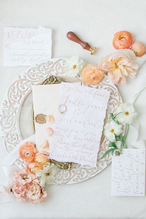 Orange and Yellow Blossoms with Calligraphy Wedding Stationery