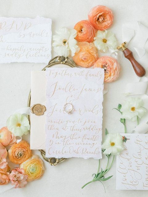 Orange and Yellow Blossoms with Calligraphy Wedding Stationery