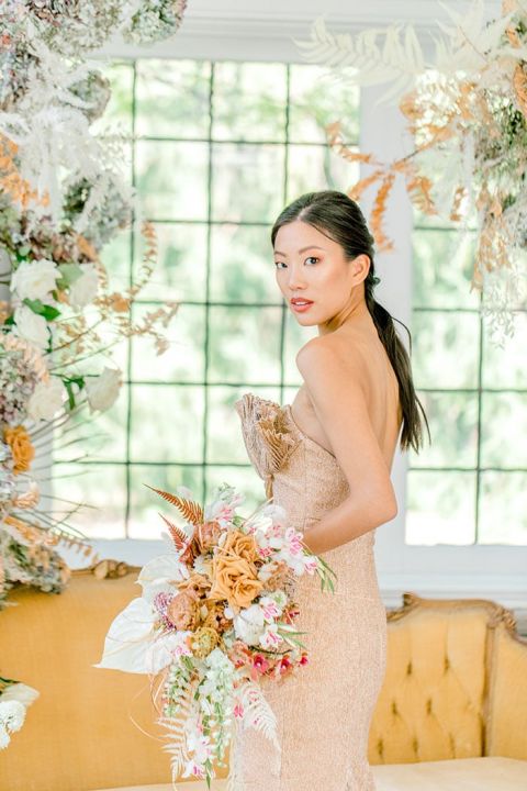 A Gold Dress and Architectural Flowers for a Modern Manor Wedding - Hey  Wedding Lady