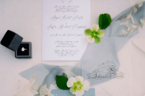 Dusty Blue, White, and Greenery Wedding Invitations