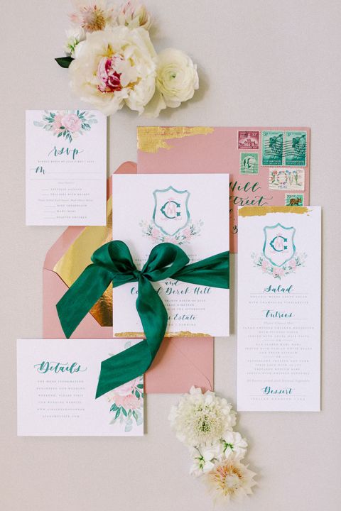 Preppy Modern Monogram Invitations in Emerald and Pink