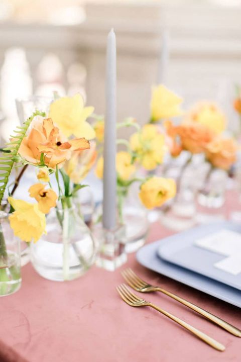 Bud Vase Centerpieces with Colorful Orange and Yellow Flowers