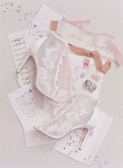 Dusty Rose Wedding Invitations with Lace Booties and Music Notes