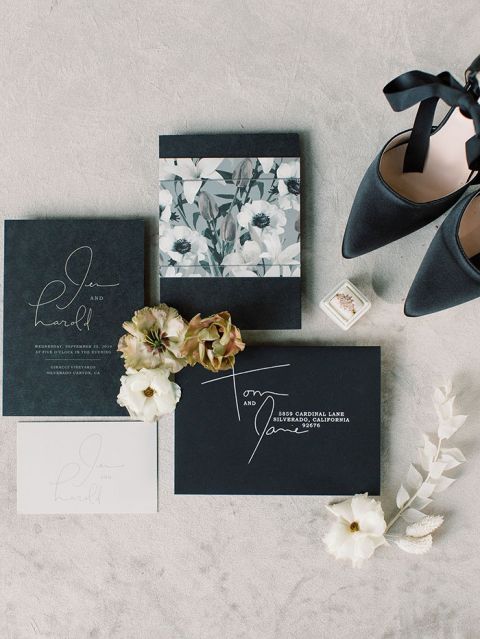 Modern Wedding Invitations with White Ink on Black