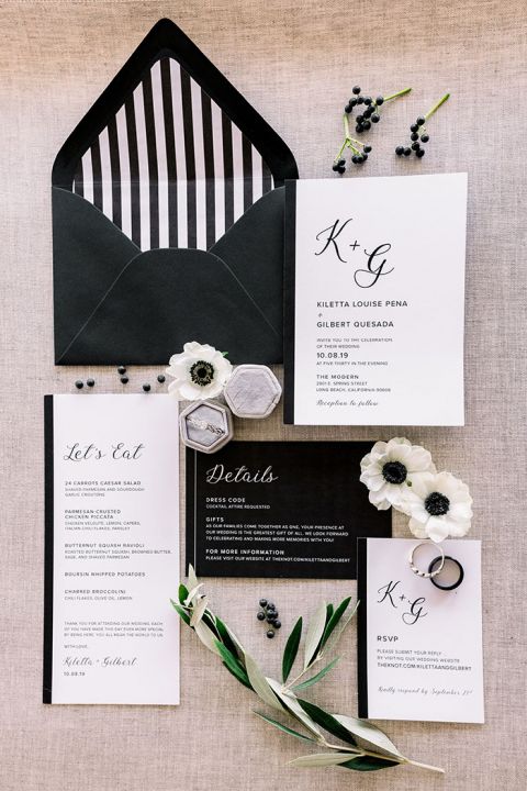 Elegant Black and White Invitations with Natural Gray and Greenery