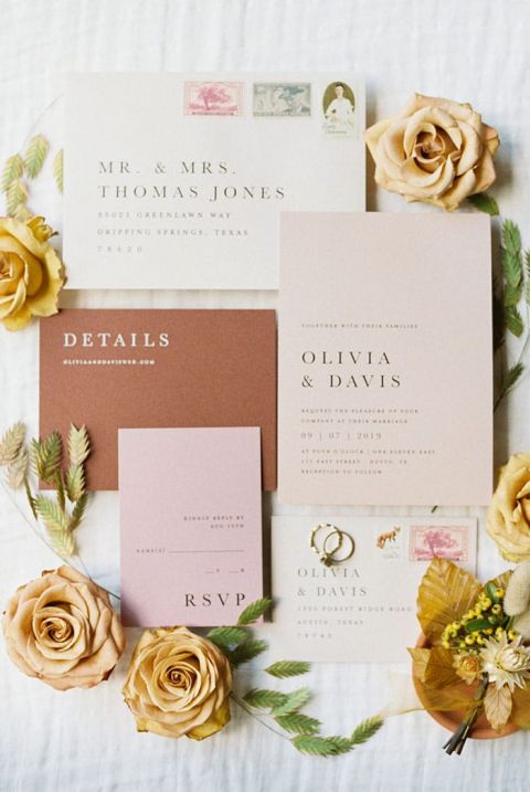 Mid Century Modern Stationery Design in Sienna and Blush