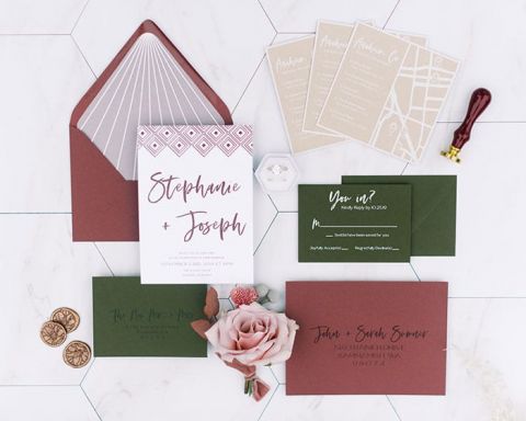 Burgundy and Olive Green Wedding Invitations