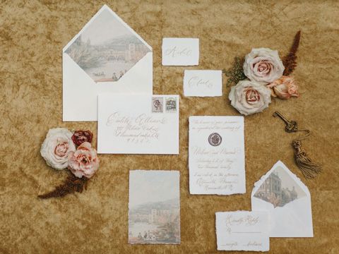 Gold Velvet Flatlay Invitations with Wax Seal Details