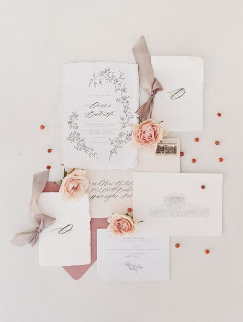 Dusty Rose and Taupe Wedding Invitations for a Winery Wedding Inspired by Renoir's Impressionist Bouquet of Roses