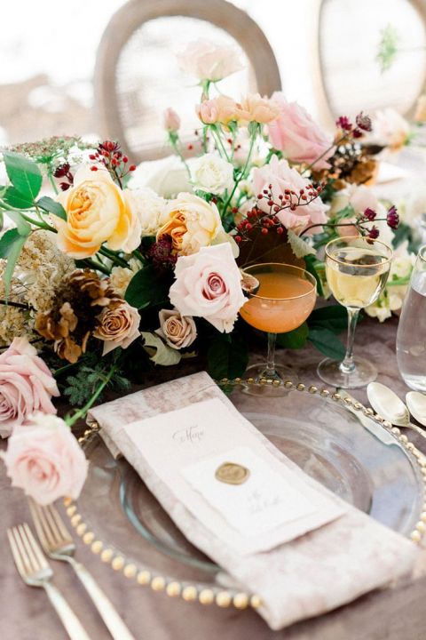 Mauve, Purple, and Peach Wedding Colors with Fall Leaf Table Decor