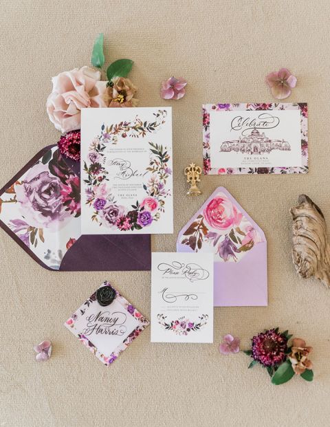 Purple and Rose Gold Flower Wreath Wedding Invitations