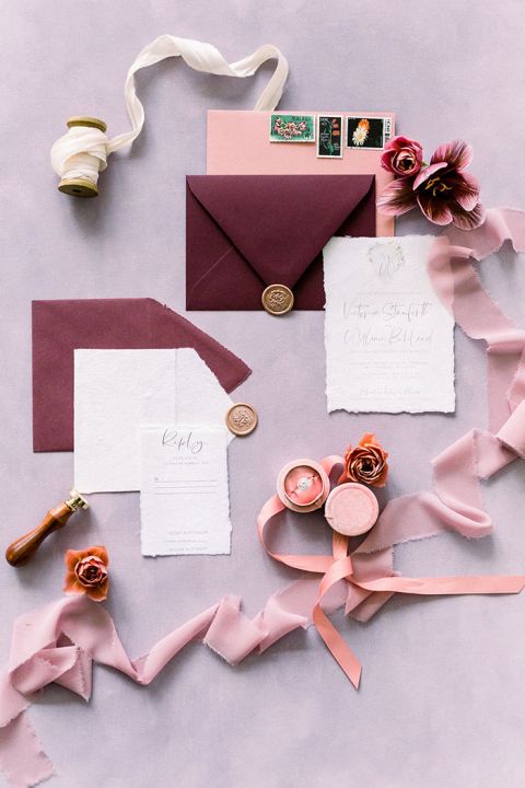 Simple Wedding Design with Invitations in Burgundy and Blush