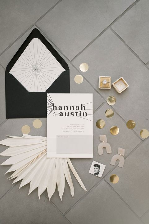 Modern String Art Inspired this Black and Gold Invitation with Dried Palm Frond Details