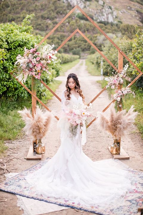 Bohemian Red and Gold Pampas Grass Floral Arrangement Wedding Centerpiece 