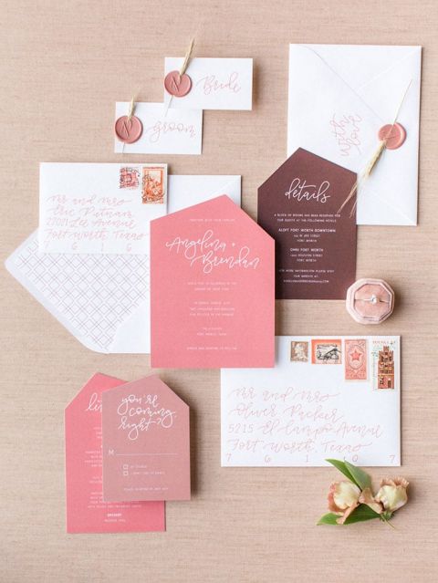 Modern Gemstone Geometric Invitations in Coral, Pink, Burgundy 