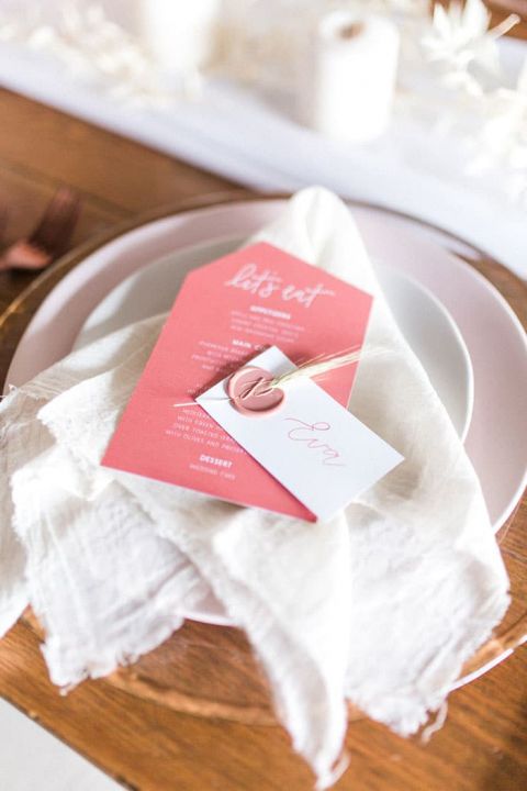 Coral Place Setting with Wax Seal Escort Cards