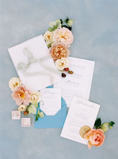 Colorful Blue and Peach Wedding Flatlay Wedding Invitations for a Central Coast Winery