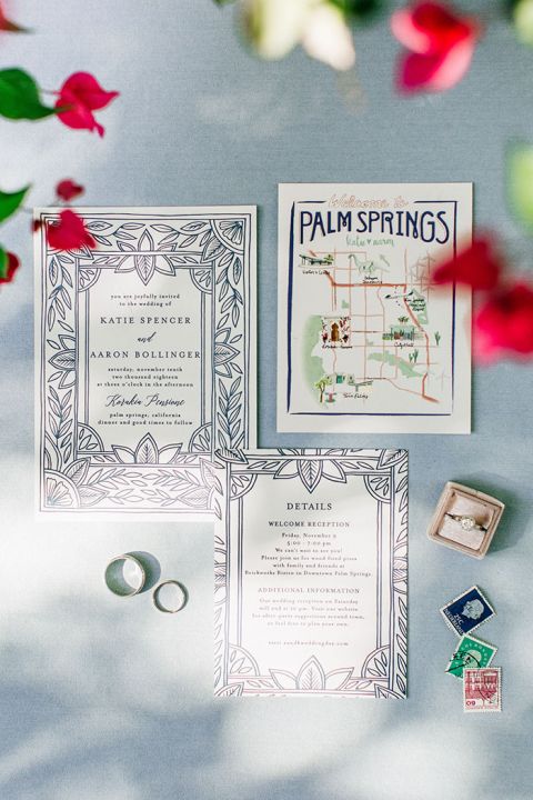 Art Nouveau Palm Springs Wedding Invitation with a Hand Drawn Map