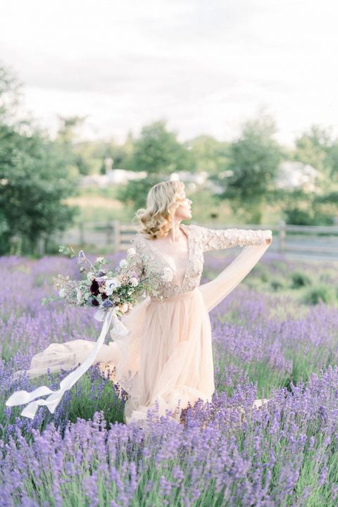 Romantic Fine Art Wedding Shoot with a Peach Wedding Dress in Fields of Lavender