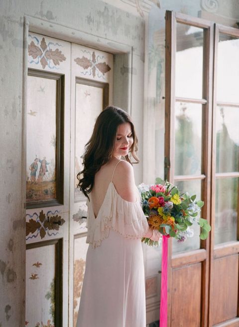 Simple Off the Shoulder Wedding Dress for a Relaxed Tuscany Event