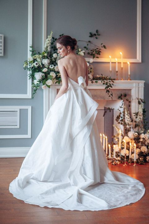 Architectural Bow Back Wedding Dress with a Structured Train