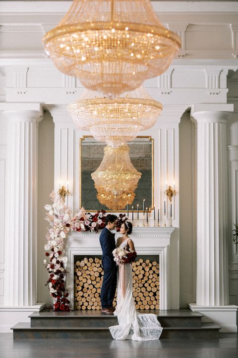 Dazzling Small Wedding Ceremony with Modern Mantel Decor and Bold Flowers