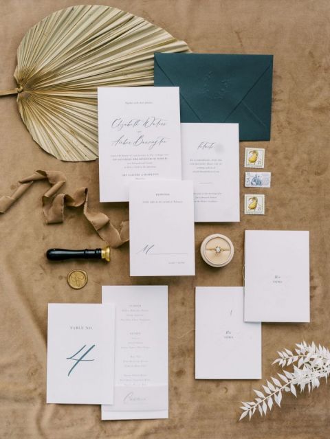 Honey Gold Velvet Wedding Details with Modern Minimalist Stationery