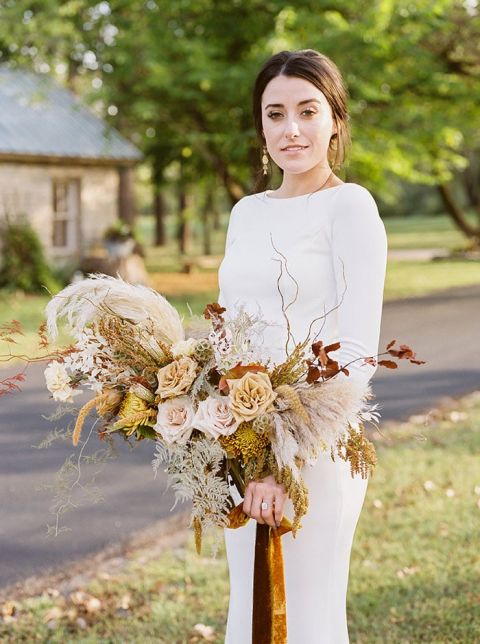 Amber and Ochre Fall Bouquet with Velvet Ribbons and Pampas Grass for a Locally Sourced Wedding