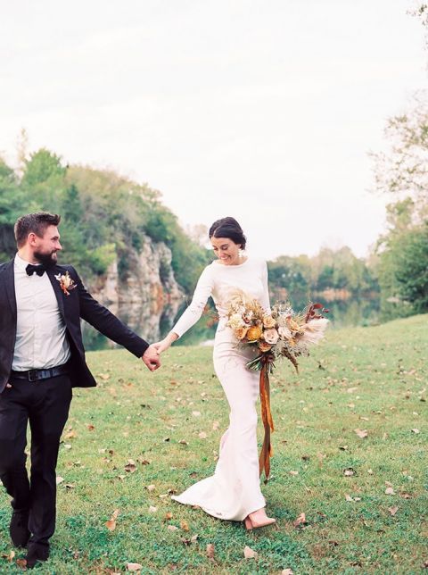 SImple Wedding Dress with Long Sleeves and Fall Flowers