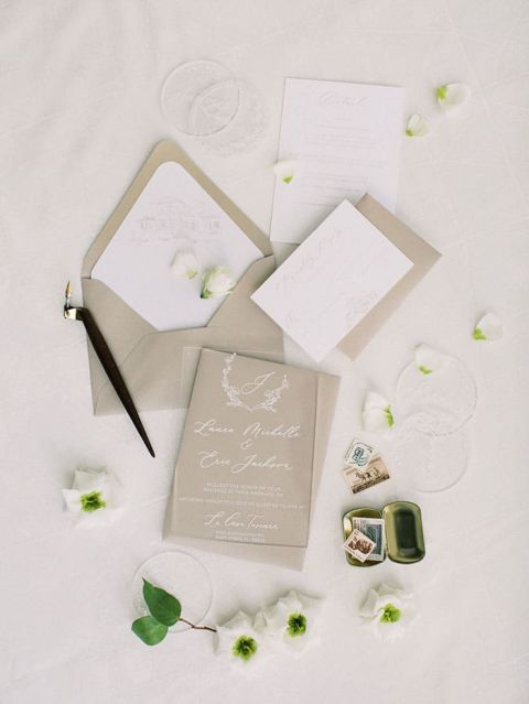 Neutral Tan and White Wedding Invitation Suite