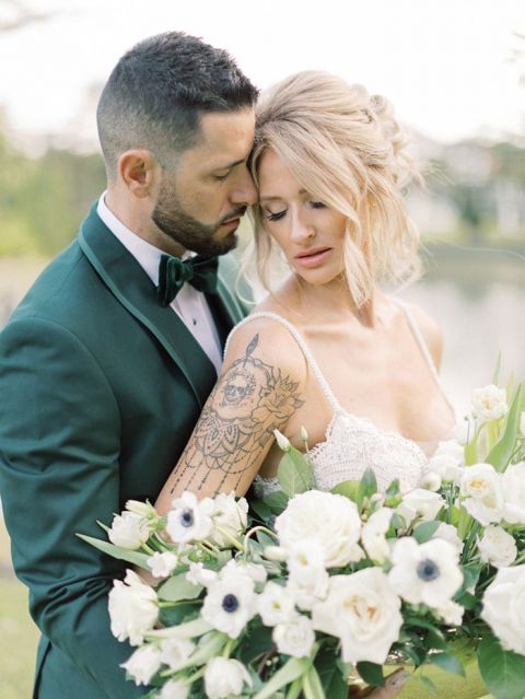 White and Green Airy Bridal Bouquet for a Tattooed Bride