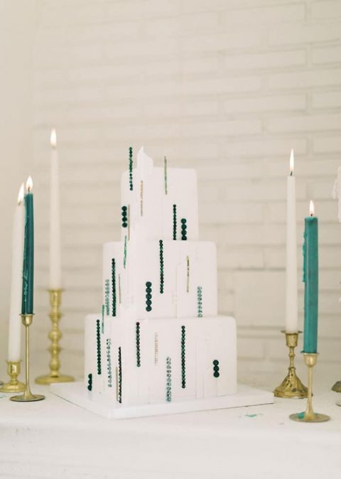 White and Green Geometric Cake Design