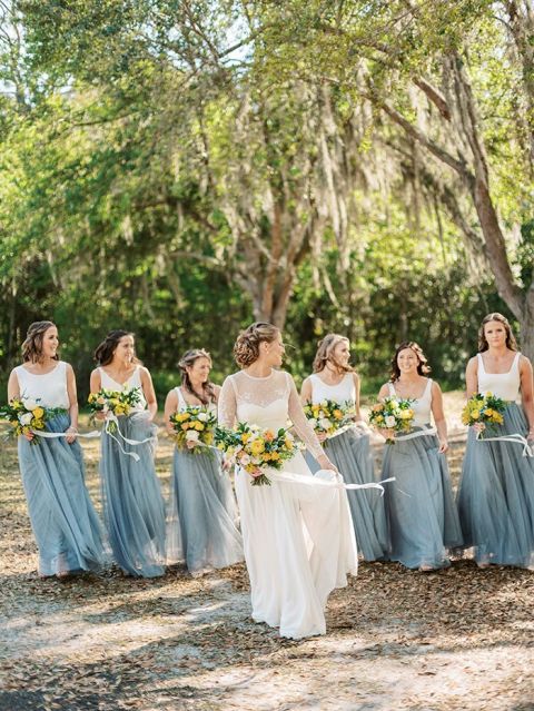 Two Piece Blue and White Bridesmaid Dresses with Yellow Bouquets