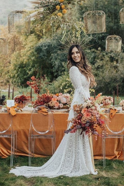 Fall Festival Bride with a Bell Sleeve Lace Dress and Sunburst Headpiece