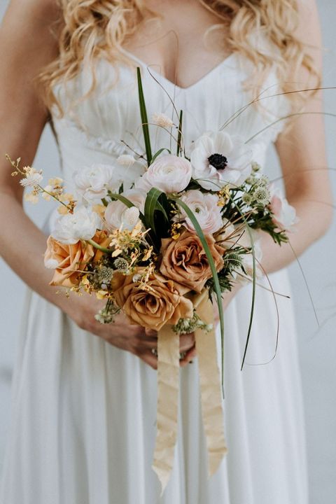 White and Toffee Rose Neutral Bouquet for an Indie Industrial Wedding