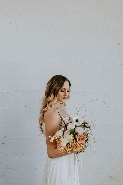 White and Toffee Rose Neutral Bouquet for an Indie Industrial Wedding