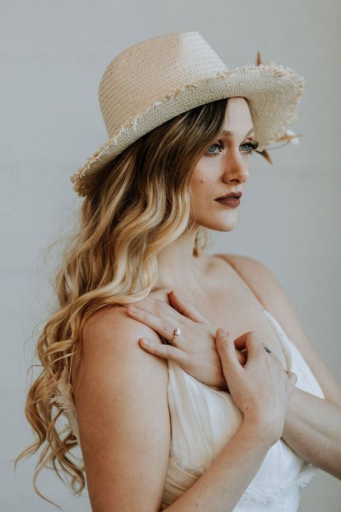 Boho Hat and Long Hairstyle for an Indie Bride