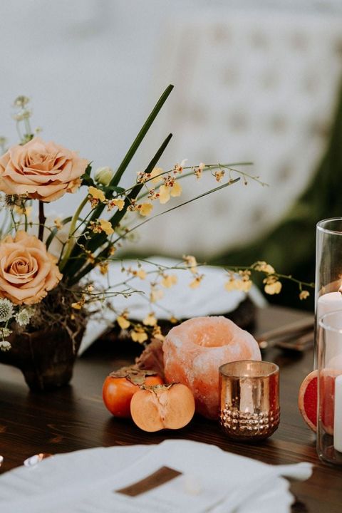 Pink Salt Crystal Candleholders and a Splash of Citrus for Indie Industrial Wedding Design