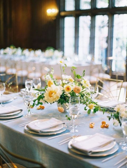 Dusty Blue and Airy Yellow Fine Art Wedding Reception with Creative Flower Design
