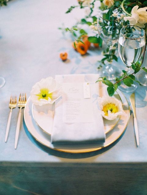 Fine Art Film Wedding with Sunny Yellow and Summer Fruit Accents at each Place Setting